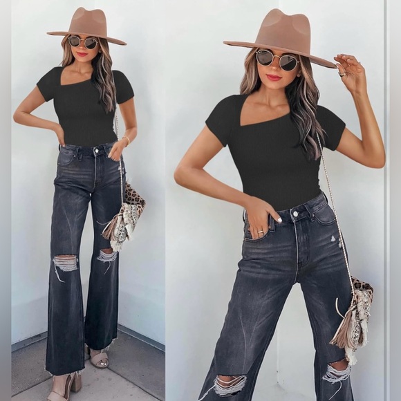 Medium brown REORIA Asymmetrical Neck Long Sleeve Ribbed Slimming Thong Bodysuit - Picture 3 of 4